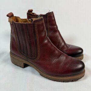 Pikolinos Aspe Leather Ankle Boots Burgundy Side Zipper Lug Sole Womens 6 (37 EU